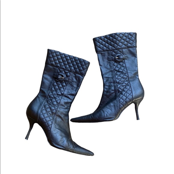 Shoes - Black quilted leather kitten heel mid calf booties 9